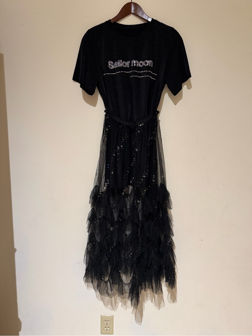 Sailor Moon Rhinestone Black Sparkle Midi Dress Mesh Tulle Overlay Like New